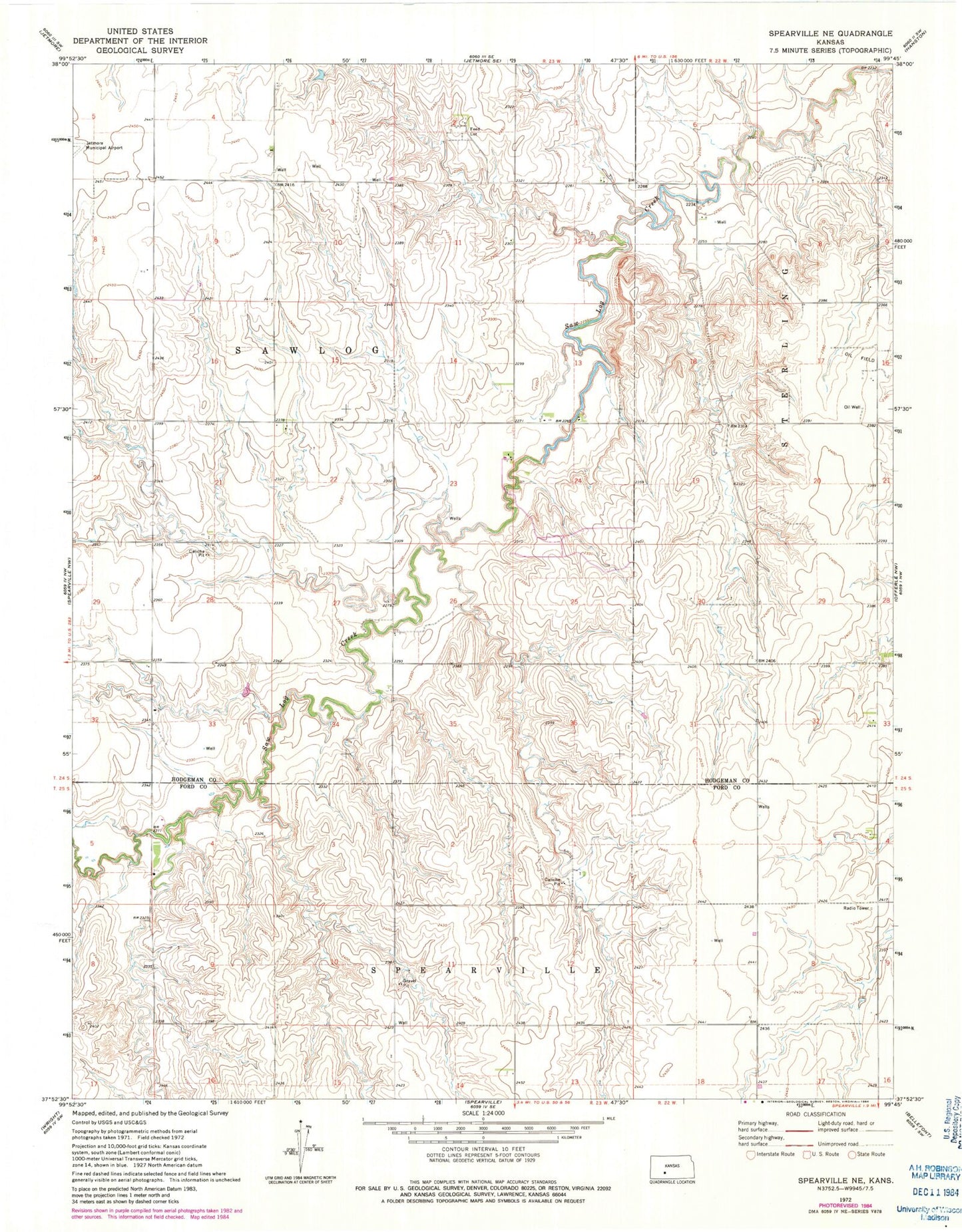 Classic USGS Spearville NE Kansas 7.5'x7.5' Topo Map Image