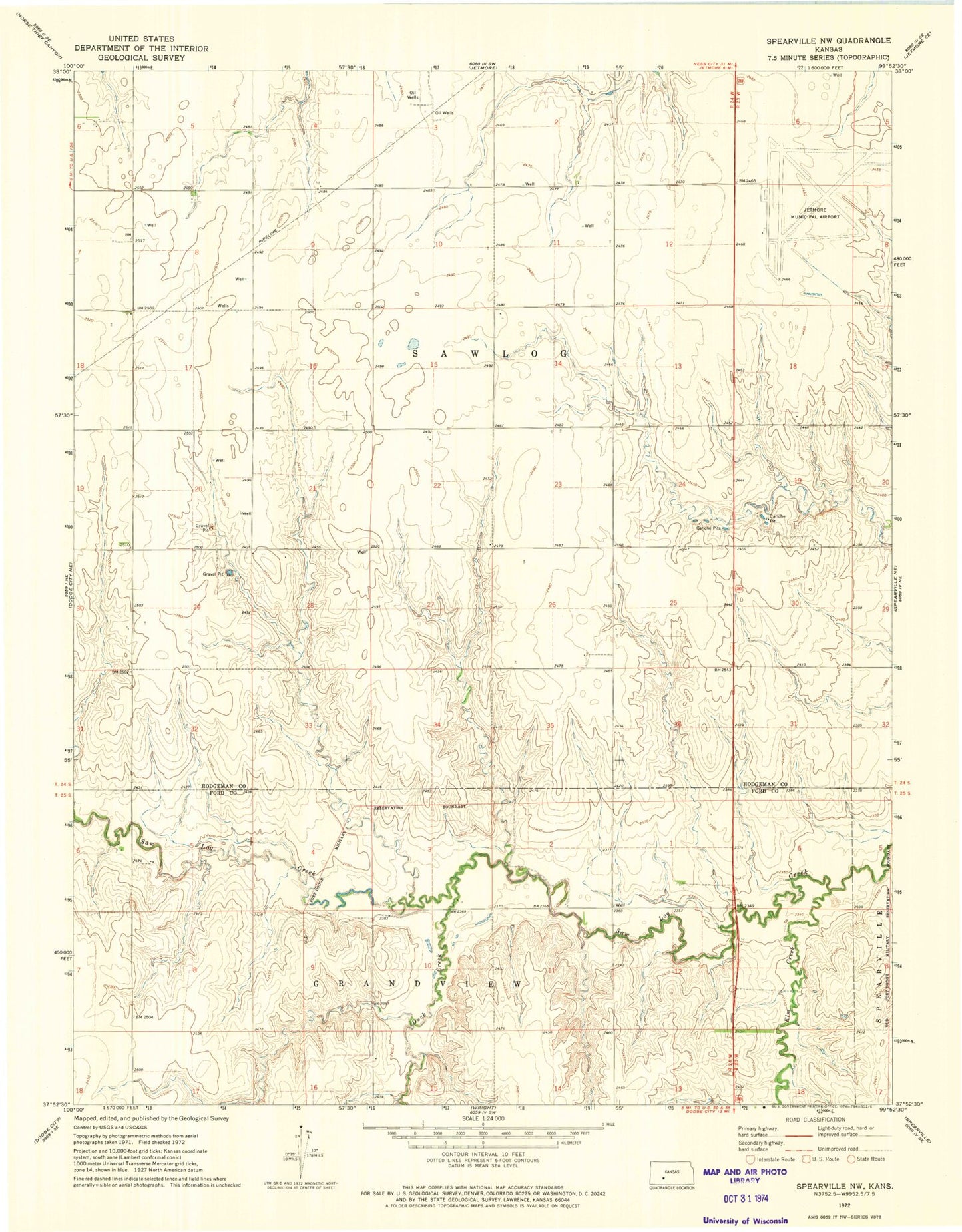 Classic USGS Spearville NW Kansas 7.5'x7.5' Topo Map Image