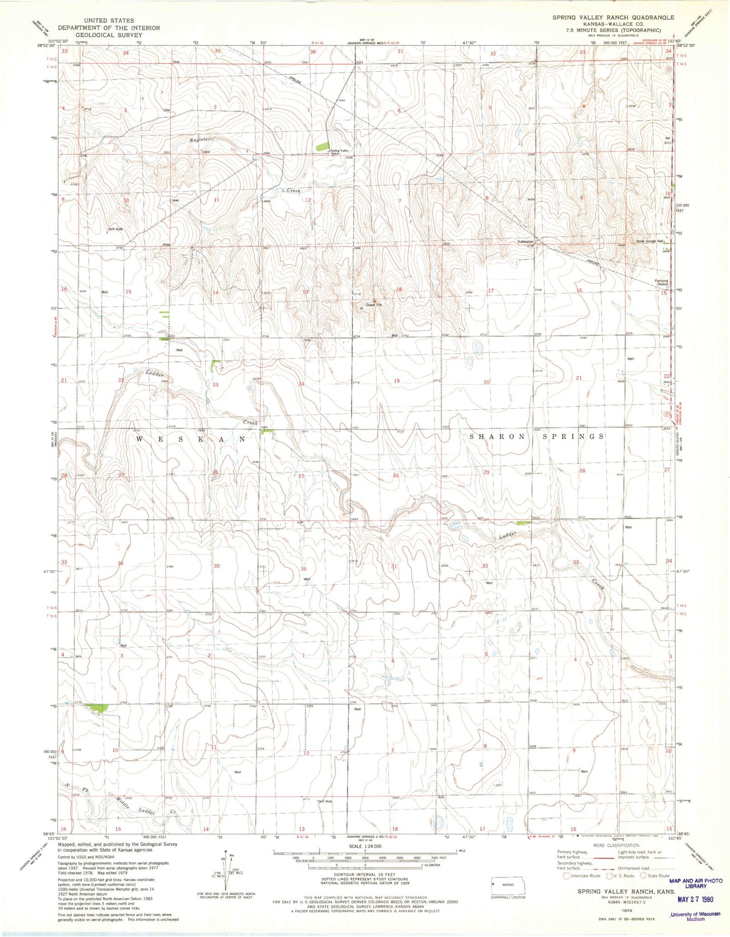Classic USGS Spring Valley Ranch Kansas 7.5'x7.5' Topo Map Image