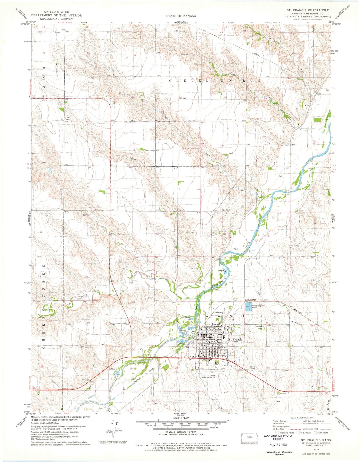 Classic USGS Saint Francis Kansas 7.5'x7.5' Topo Map Image