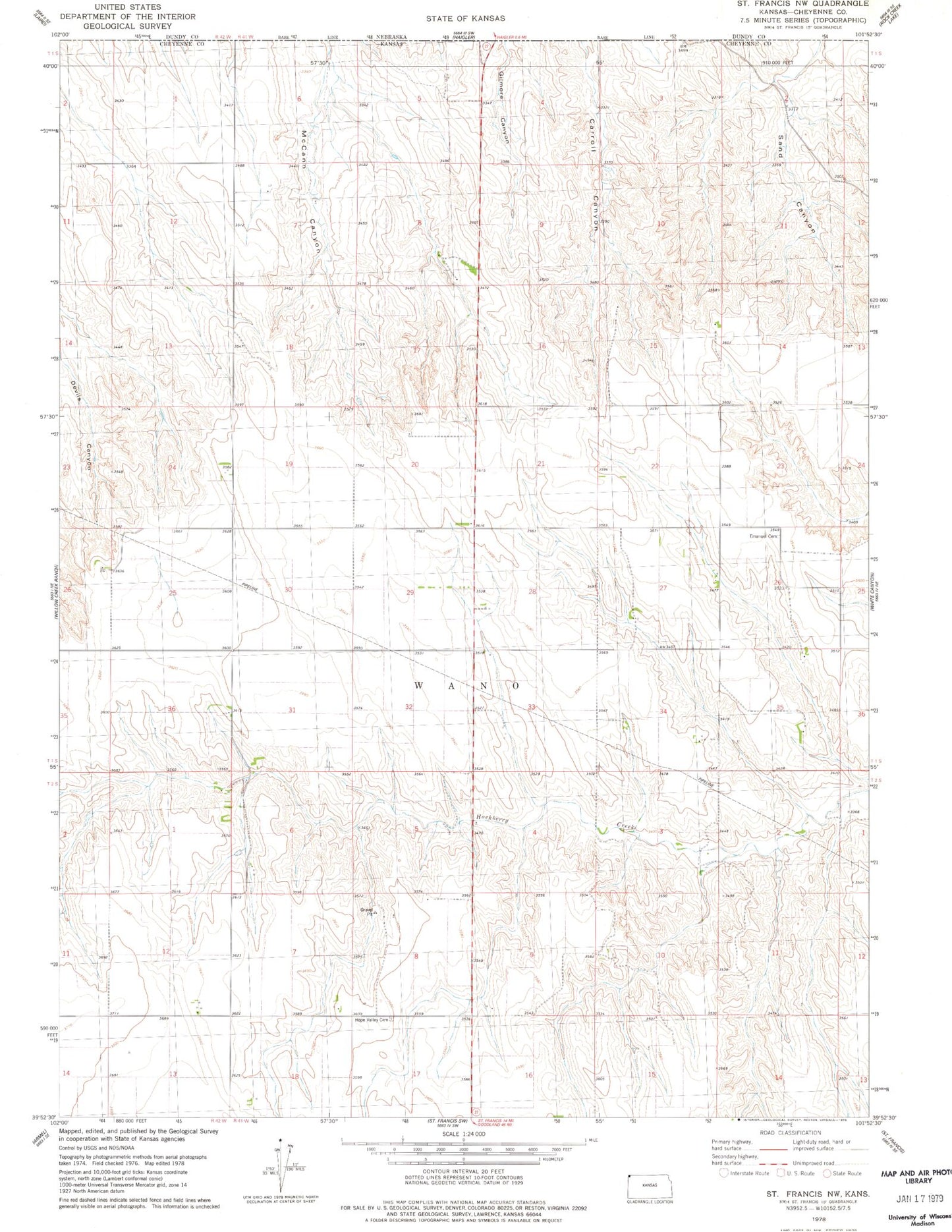Classic USGS Saint Francis NW Kansas 7.5'x7.5' Topo Map Image