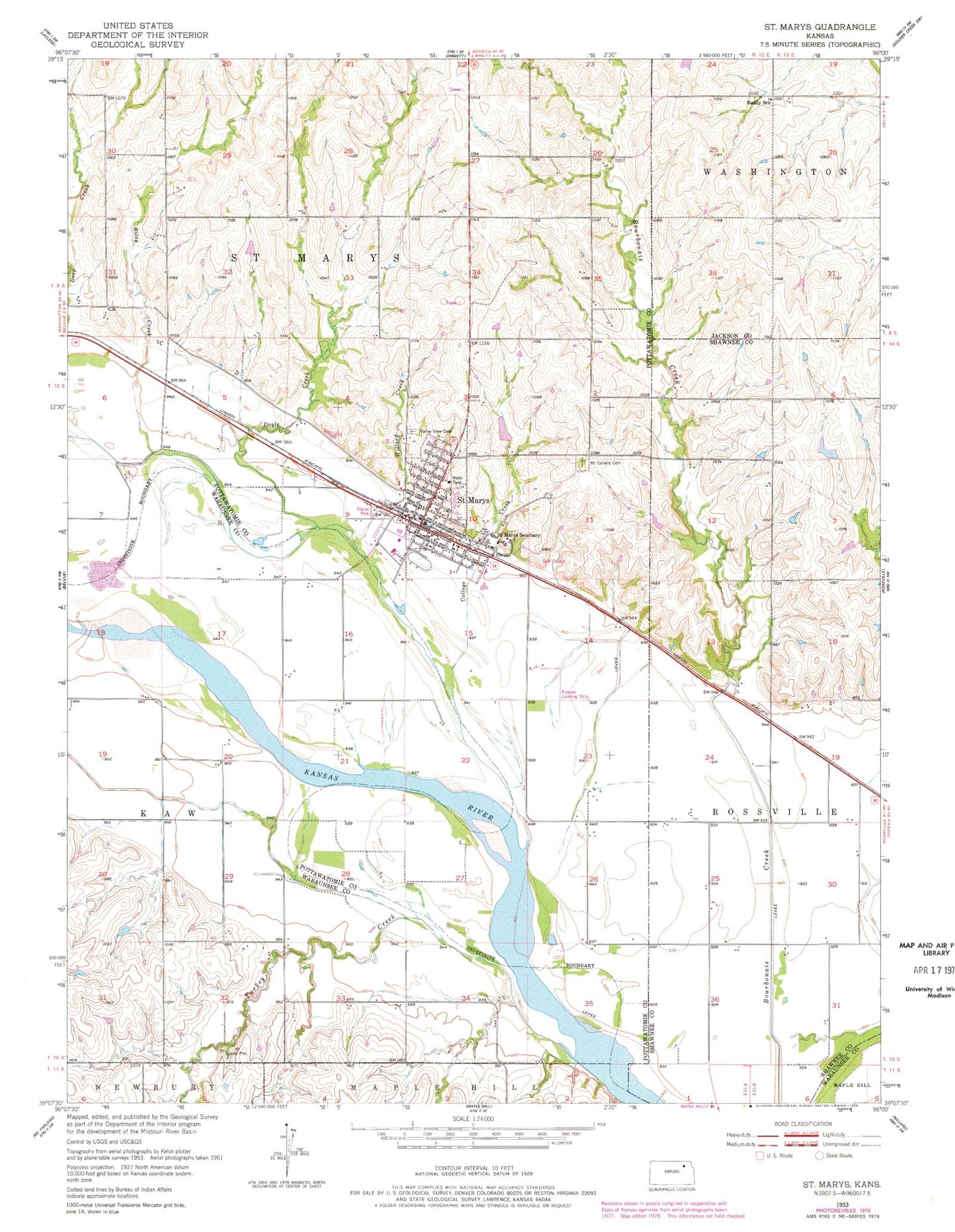 Classic USGS Saint Marys Kansas 7.5'x7.5' Topo Map Image