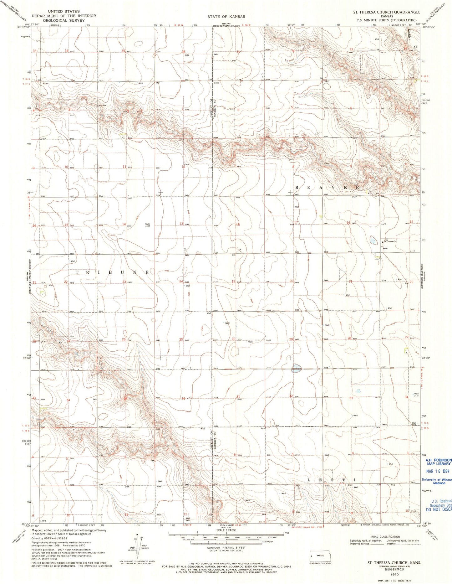 Classic USGS Sainte Theresa Church Kansas 7.5'x7.5' Topo Map Image