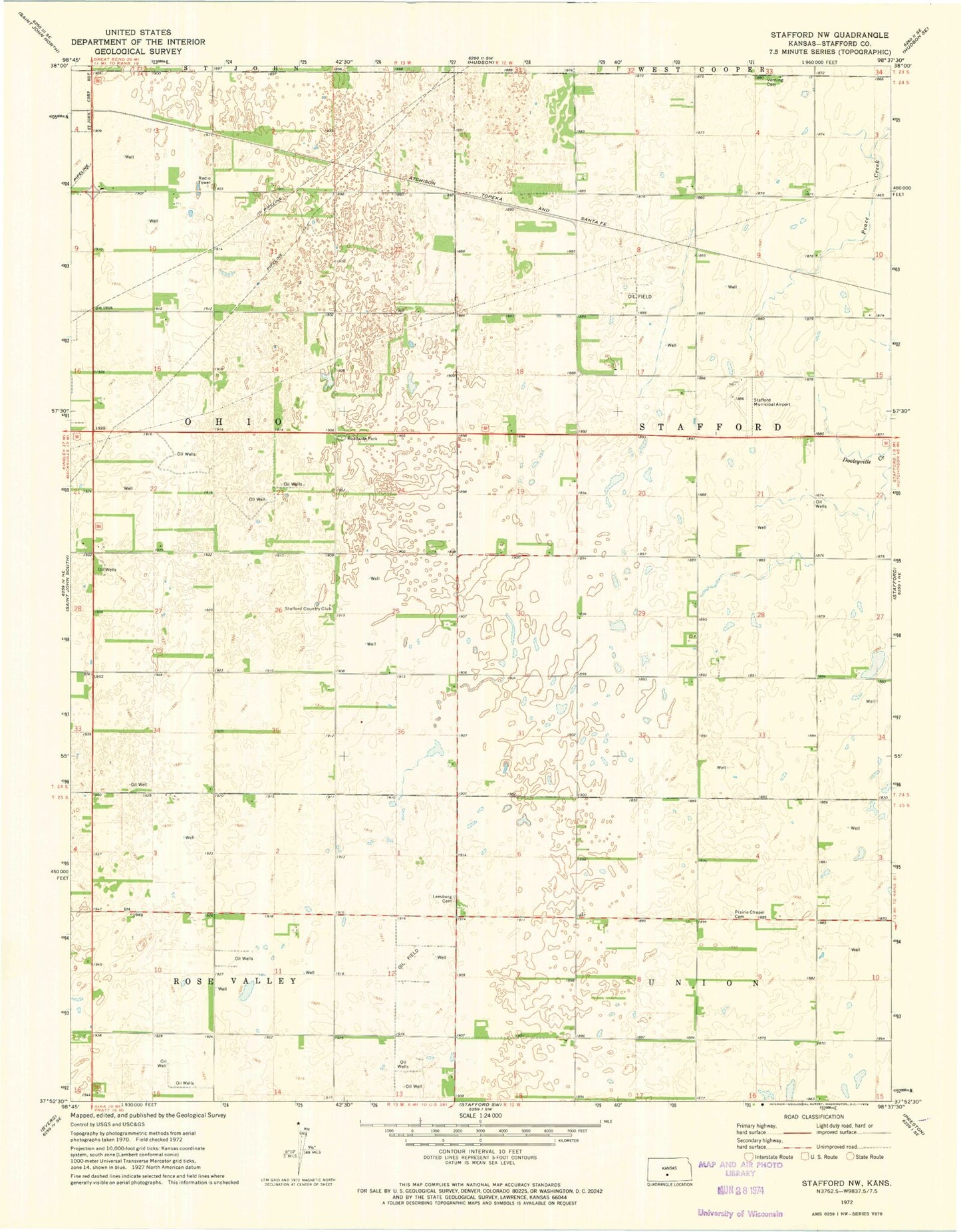 Classic USGS Stafford NW Kansas 7.5'x7.5' Topo Map Image