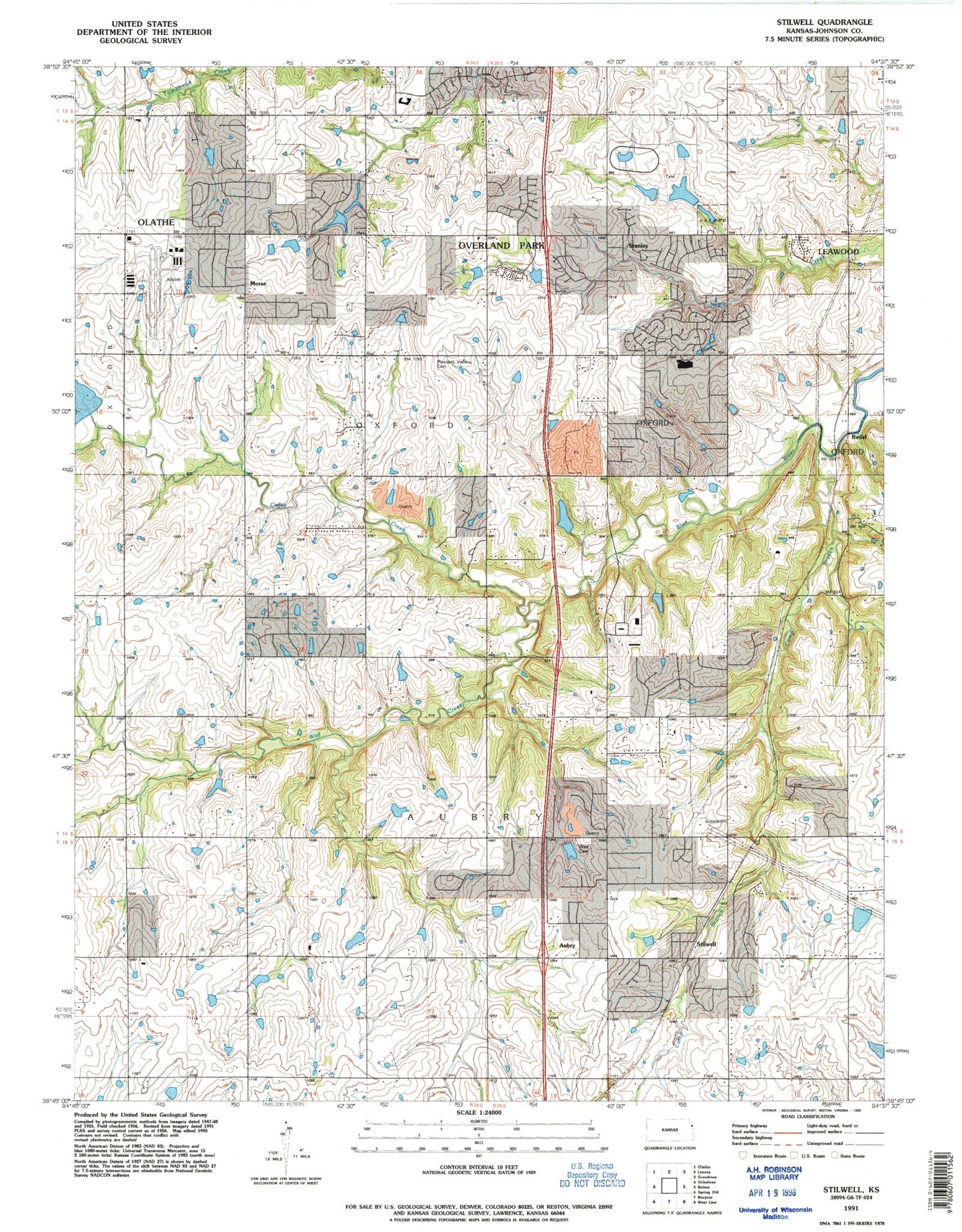 Classic USGS Stilwell Kansas 7.5'x7.5' Topo Map Image