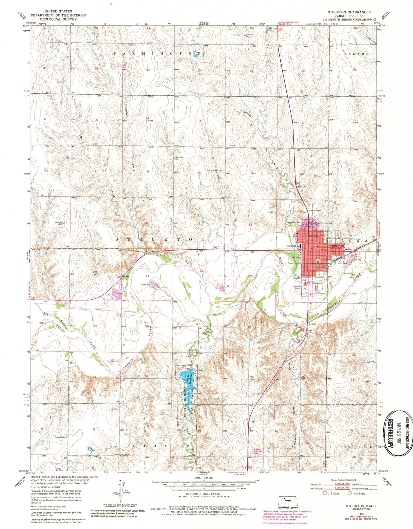 Classic USGS Stockton Kansas 7.5'x7.5' Topo Map Image