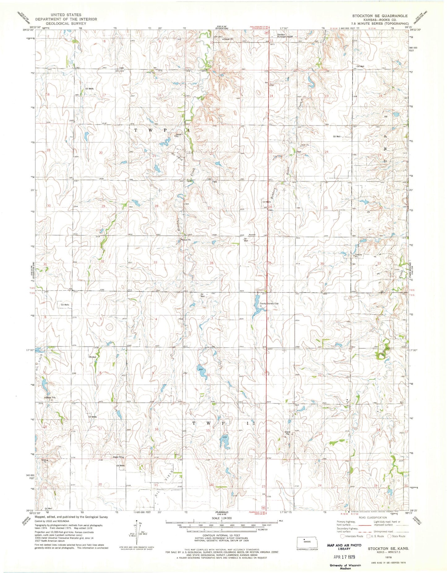 Classic USGS Stockton SE Kansas 7.5'x7.5' Topo Map Image