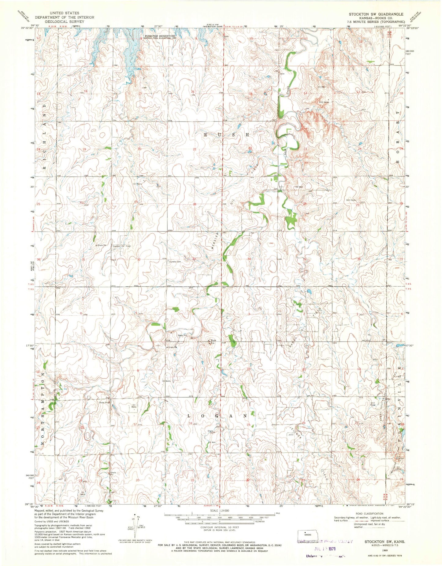 Classic USGS Stockton SW Kansas 7.5'x7.5' Topo Map Image