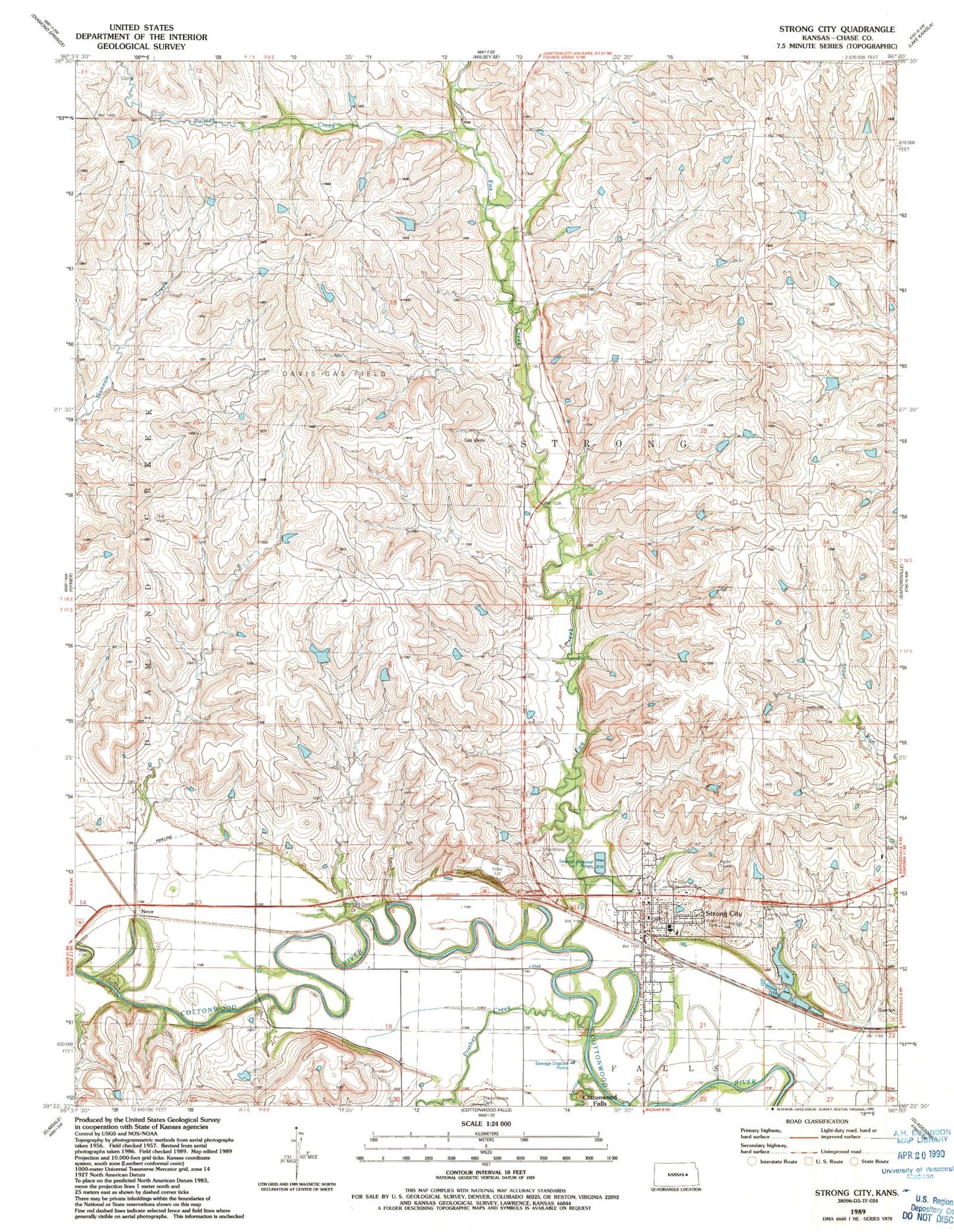 Classic USGS Strong City Kansas 7.5'x7.5' Topo Map Image
