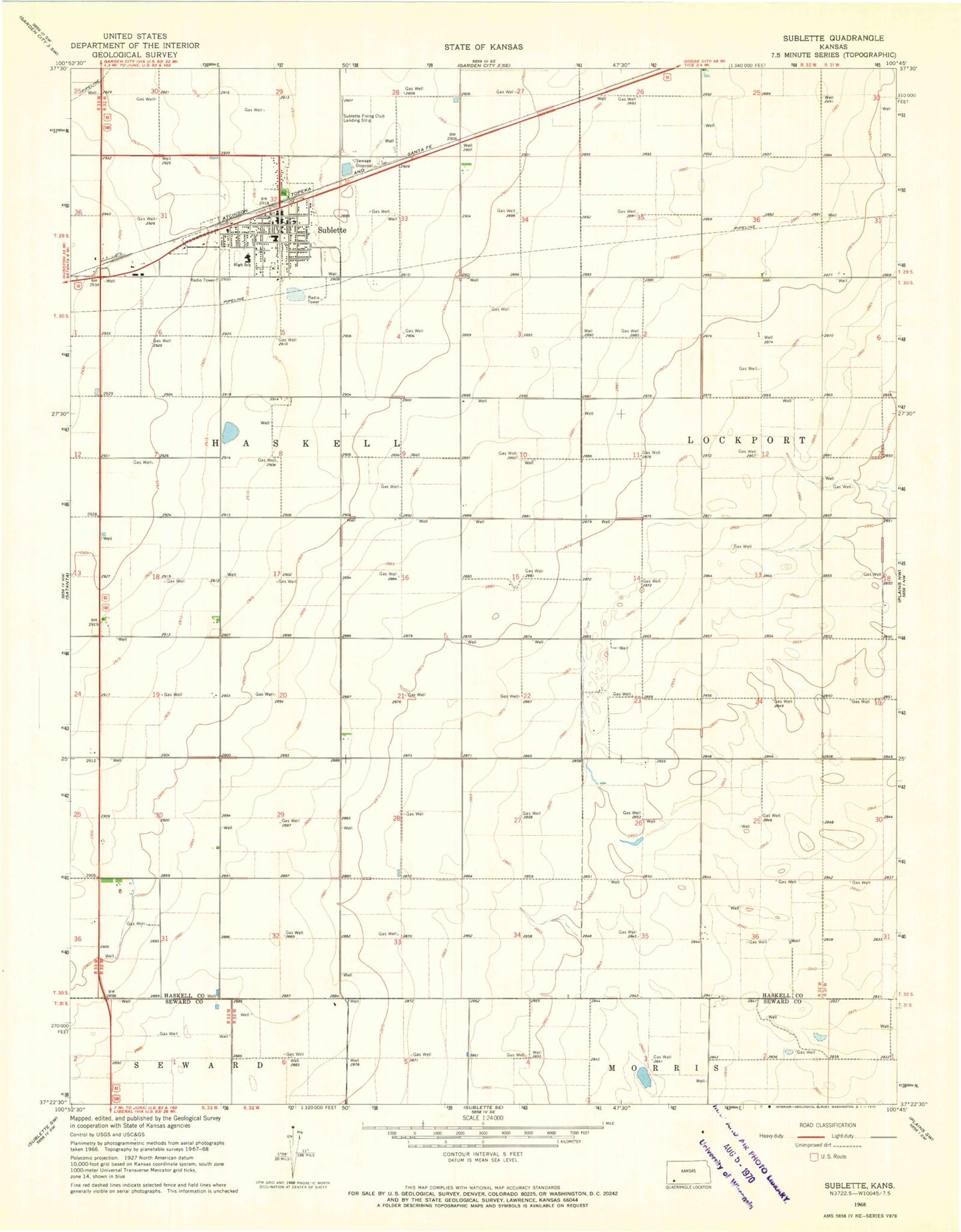 Classic USGS Sublette Kansas 7.5'x7.5' Topo Map Image