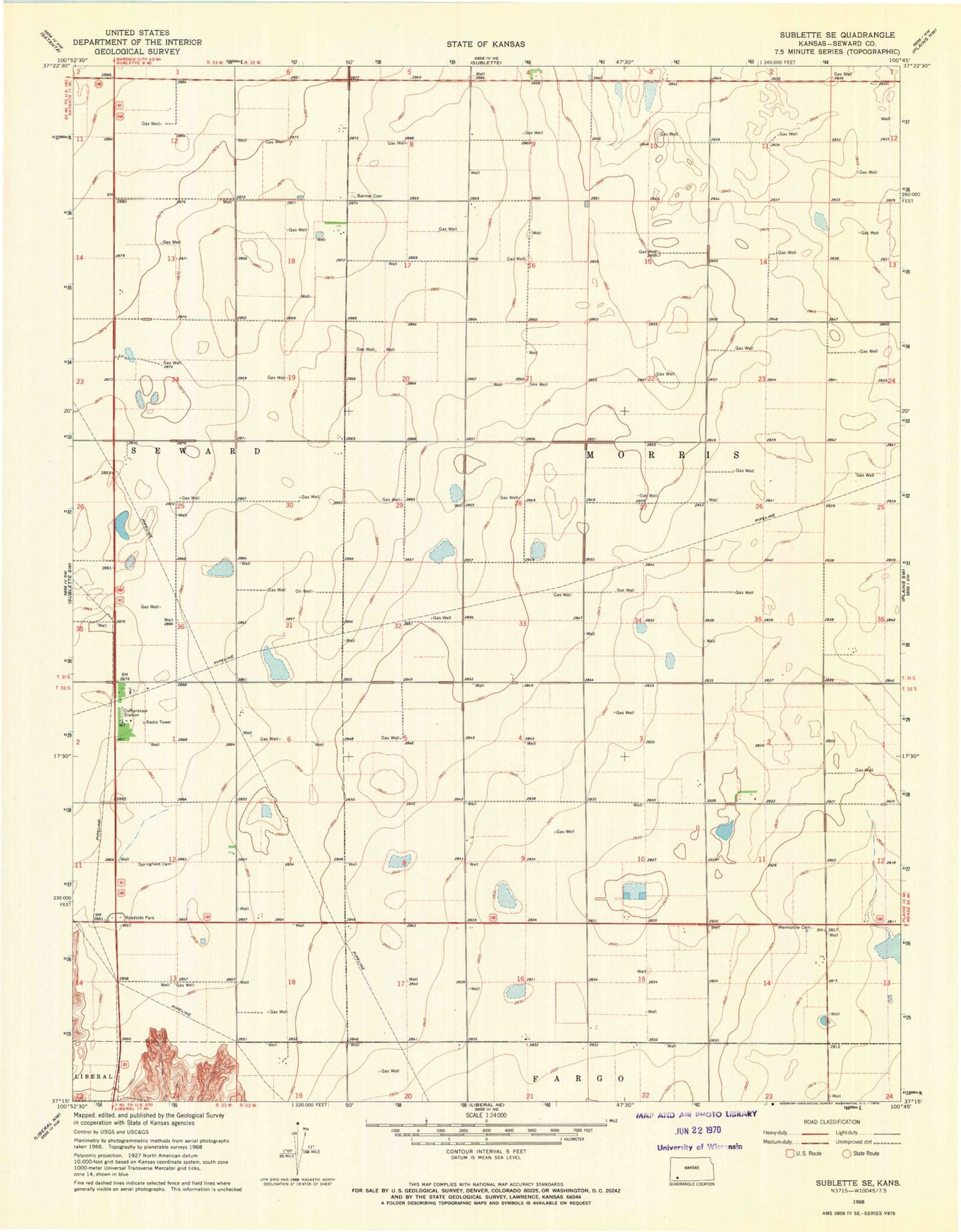 Classic USGS Sublette SE Kansas 7.5'x7.5' Topo Map Image