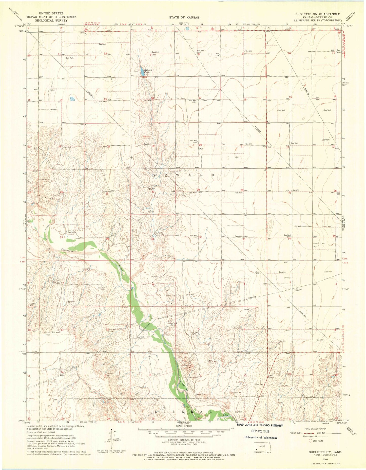 Classic USGS Sublette SW Kansas 7.5'x7.5' Topo Map Image