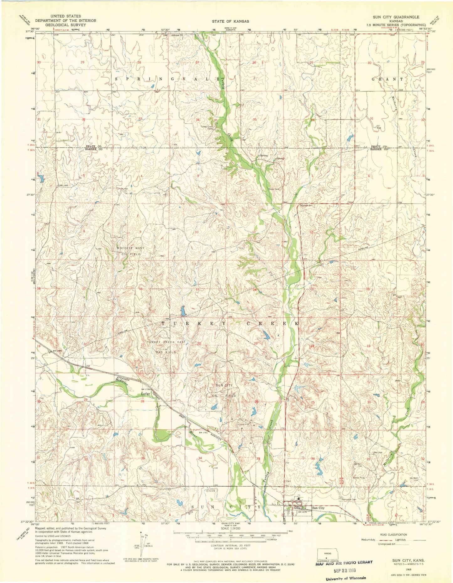 Classic USGS Sun City Kansas 7.5'x7.5' Topo Map Image