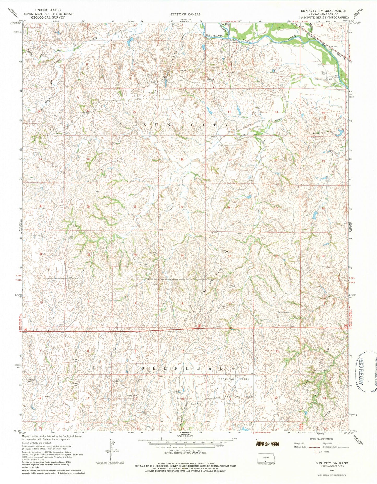 Classic USGS Sun City SW Kansas 7.5'x7.5' Topo Map Image