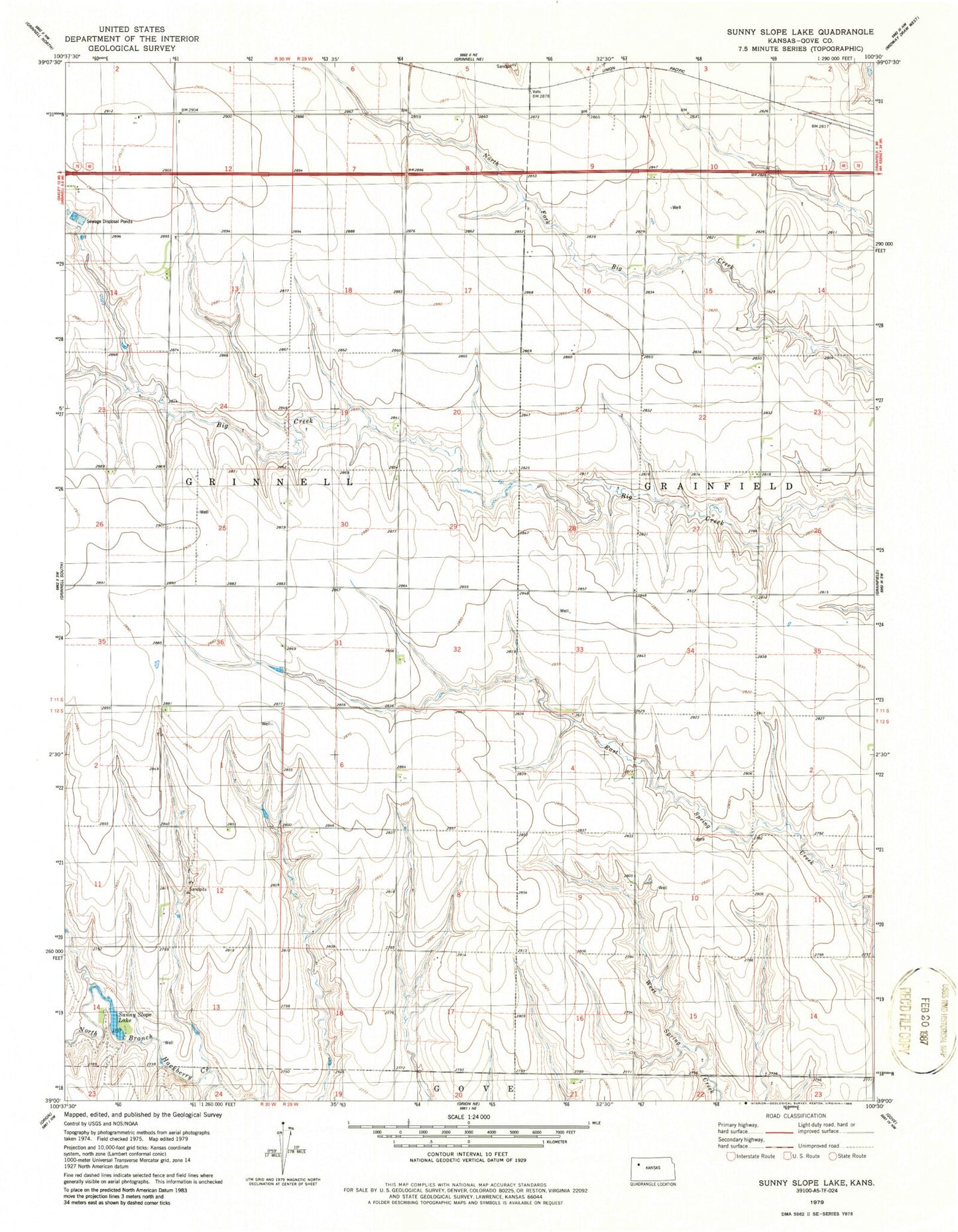 Classic USGS Sunny Slope Lake Kansas 7.5'x7.5' Topo Map Image