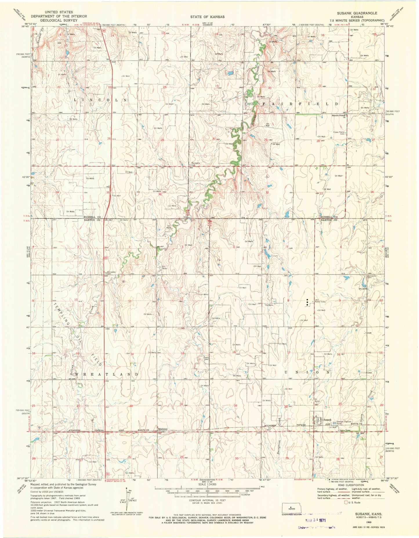 Classic USGS Susank Kansas 7.5'x7.5' Topo Map Image