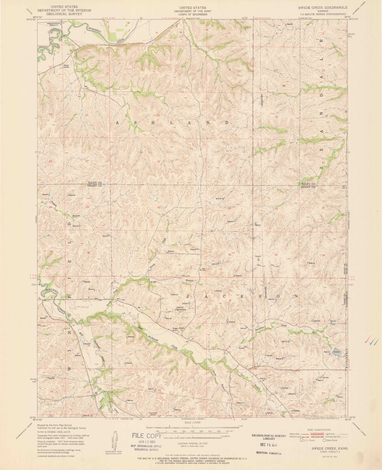 Classic USGS Swede Creek Kansas 7.5'x7.5' Topo Map Image