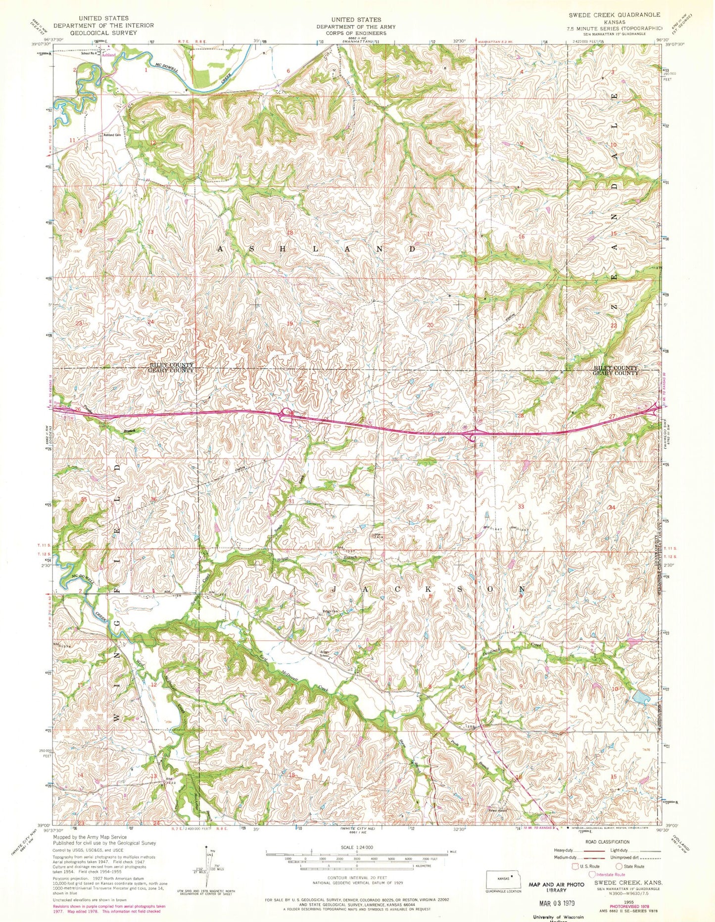 Classic USGS Swede Creek Kansas 7.5'x7.5' Topo Map Image