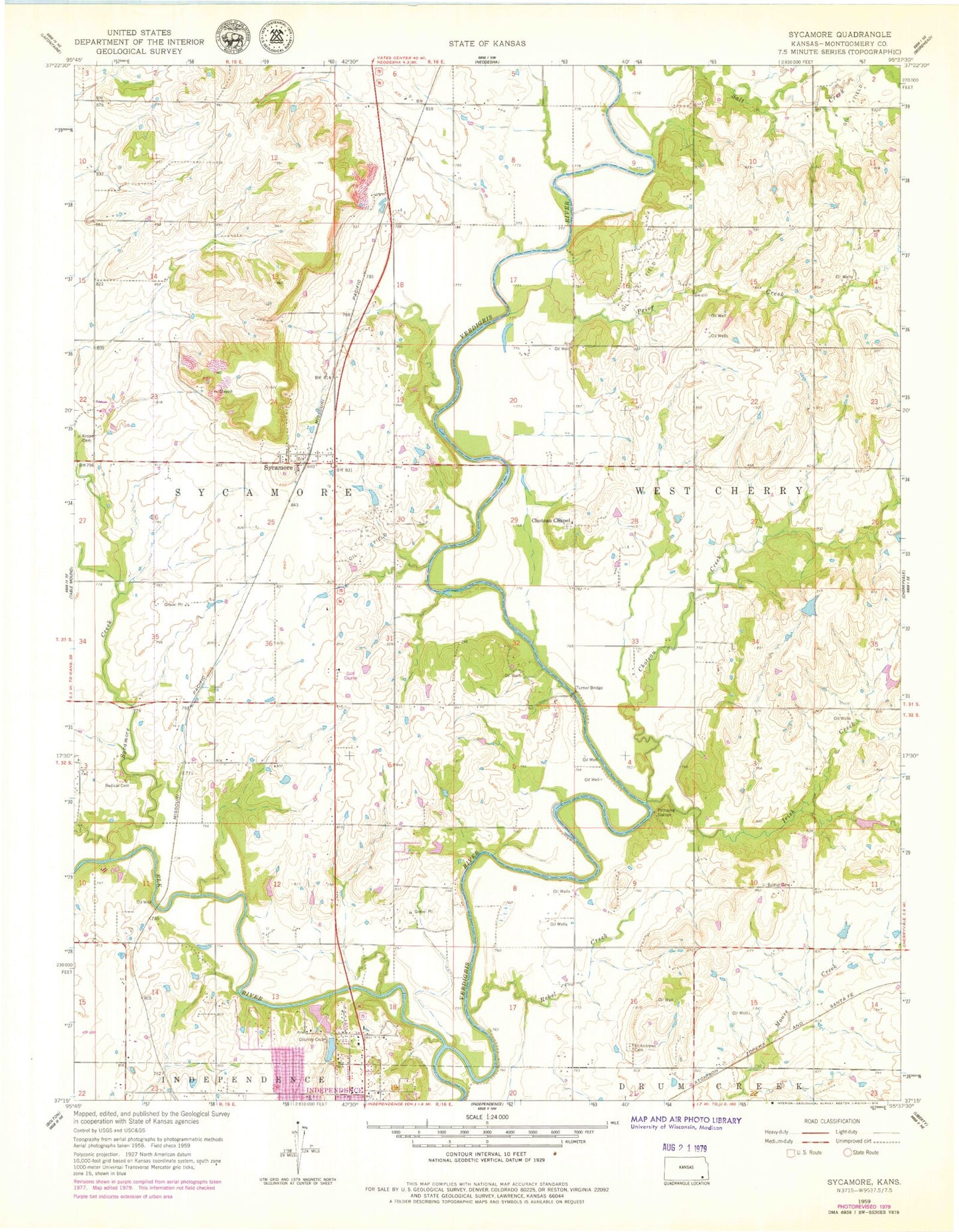 Classic USGS Sycamore Kansas 7.5'x7.5' Topo Map Image