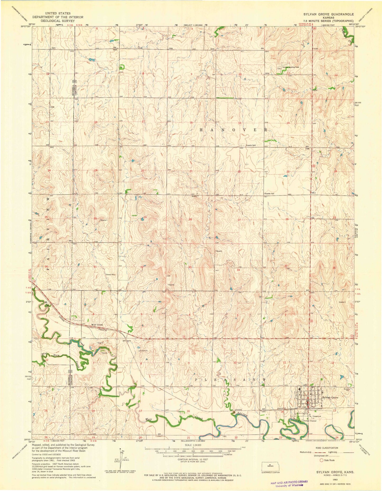 Classic USGS Sylvan Grove Kansas 7.5'x7.5' Topo Map Image