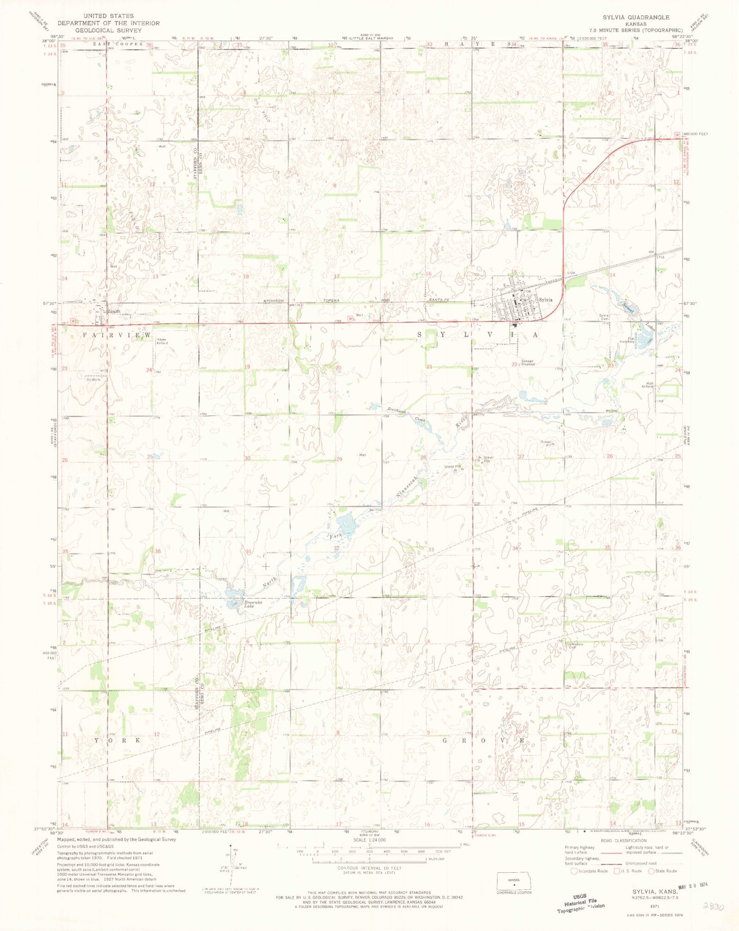 Classic USGS Sylvia Kansas 7.5'x7.5' Topo Map Image