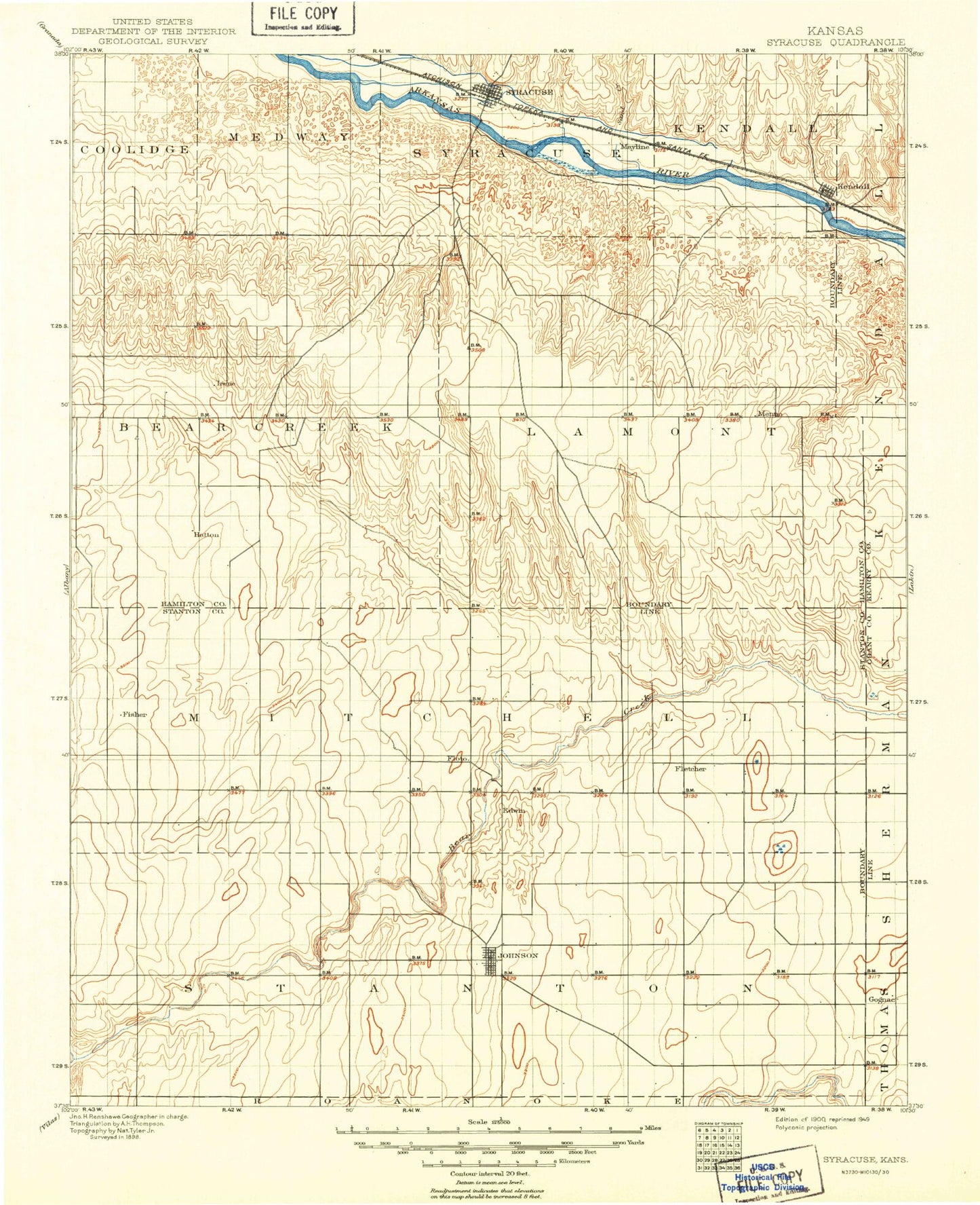 Historic 1900 Syracuse Kansas 30'x30' Topo Map Image