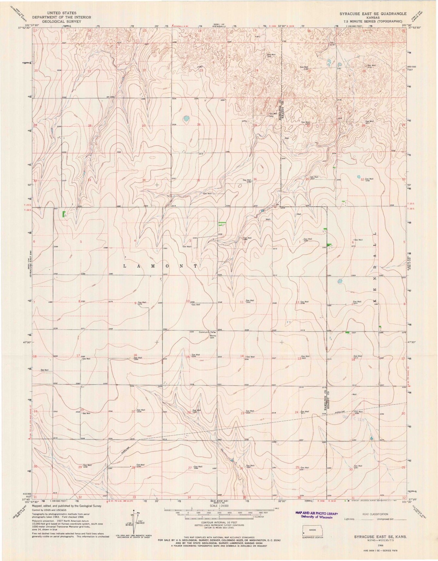 Classic USGS Syracuse East SE Kansas 7.5'x7.5' Topo Map Image