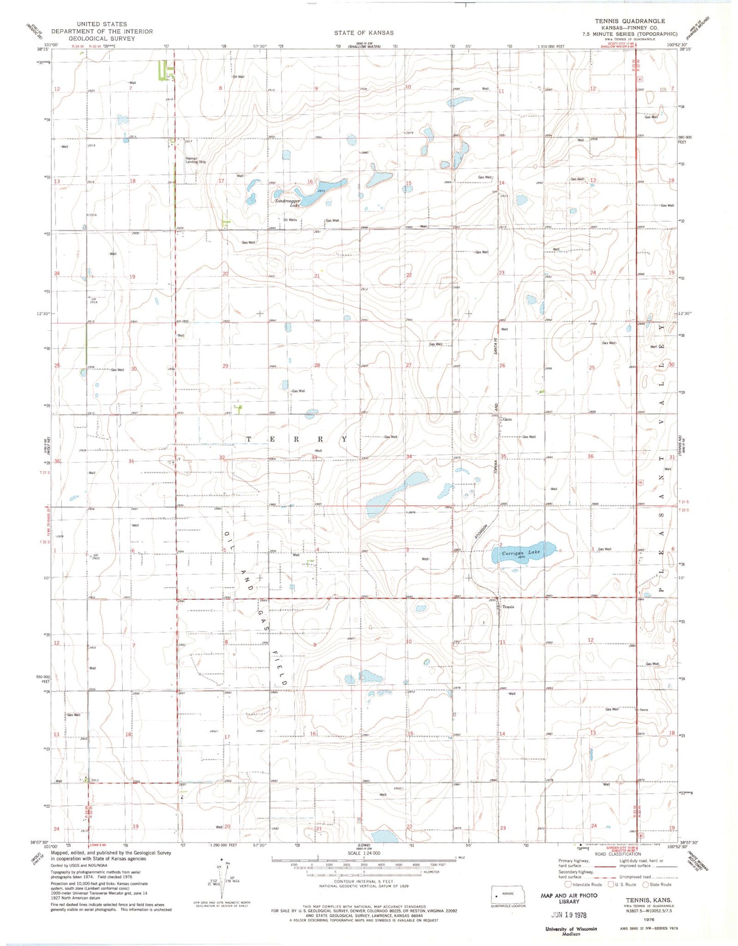 Classic USGS Tennis Kansas 7.5'x7.5' Topo Map Image