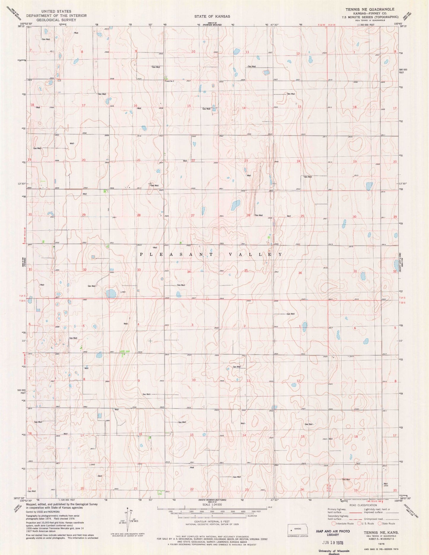 Classic USGS Tennis NE Kansas 7.5'x7.5' Topo Map Image