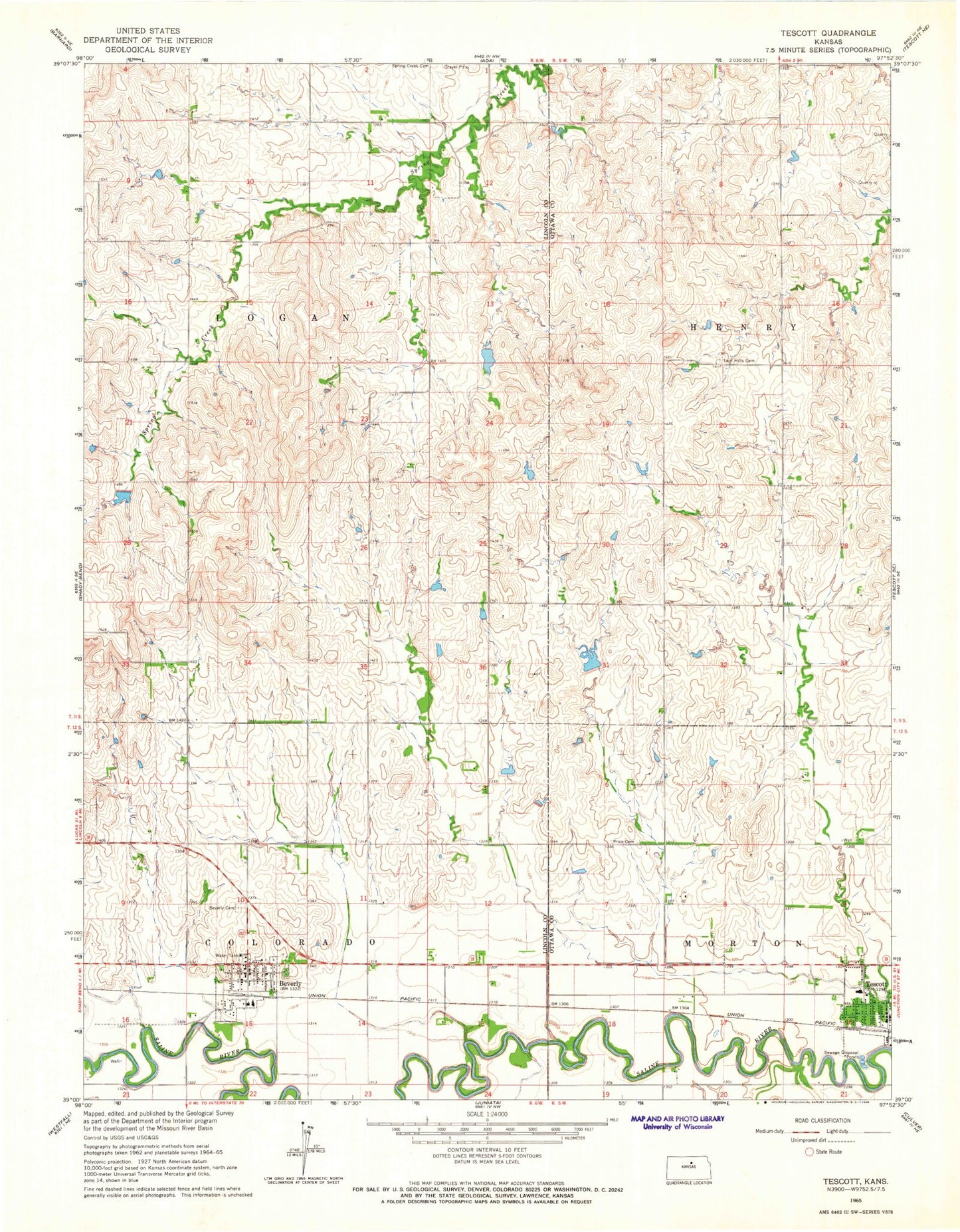Classic USGS Tescott Kansas 7.5'x7.5' Topo Map Image