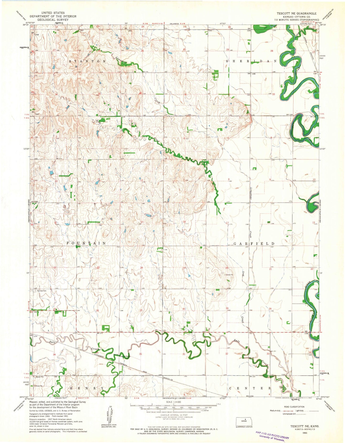Classic USGS Tescott NE Kansas 7.5'x7.5' Topo Map Image