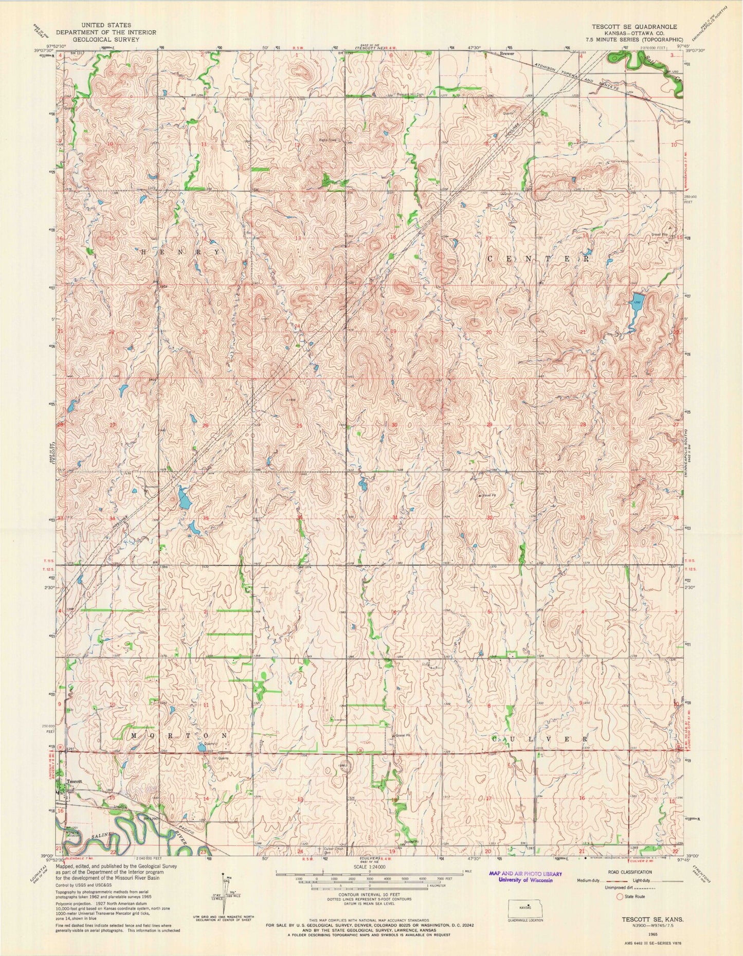 Classic USGS Tescott SE Kansas 7.5'x7.5' Topo Map Image