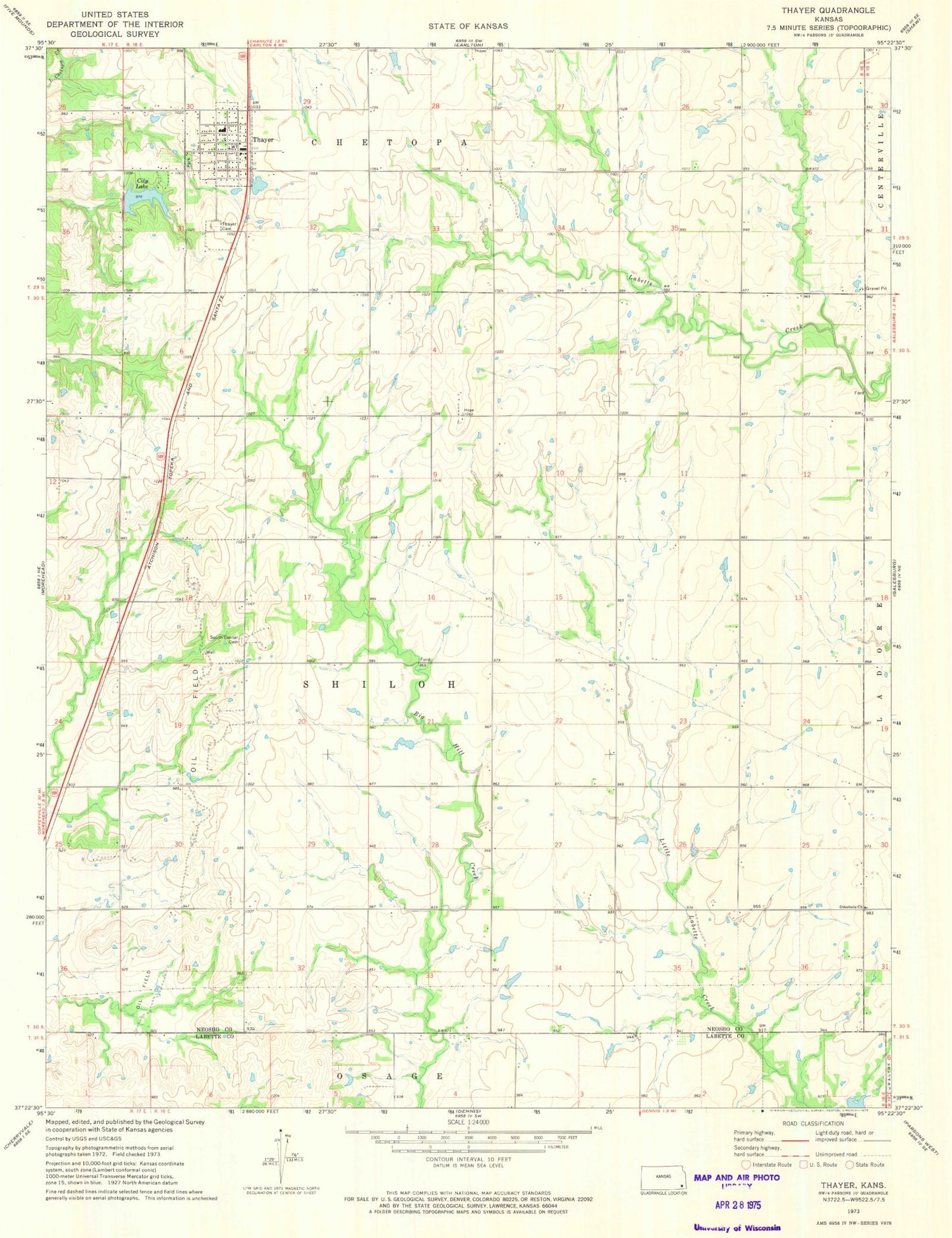 Classic USGS Thayer Kansas 7.5'x7.5' Topo Map Image