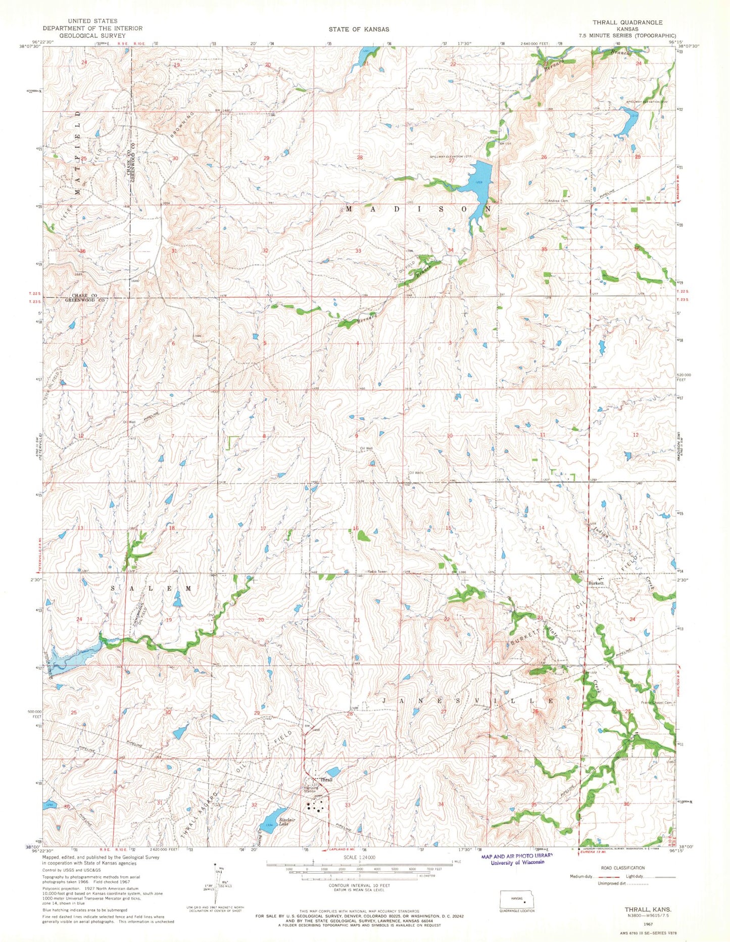 Classic USGS Thrall Kansas 7.5'x7.5' Topo Map Image