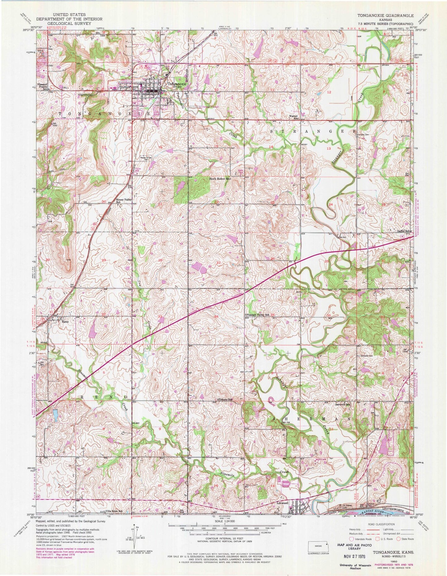 Classic USGS Tonganoxie Kansas 7.5'x7.5' Topo Map Image