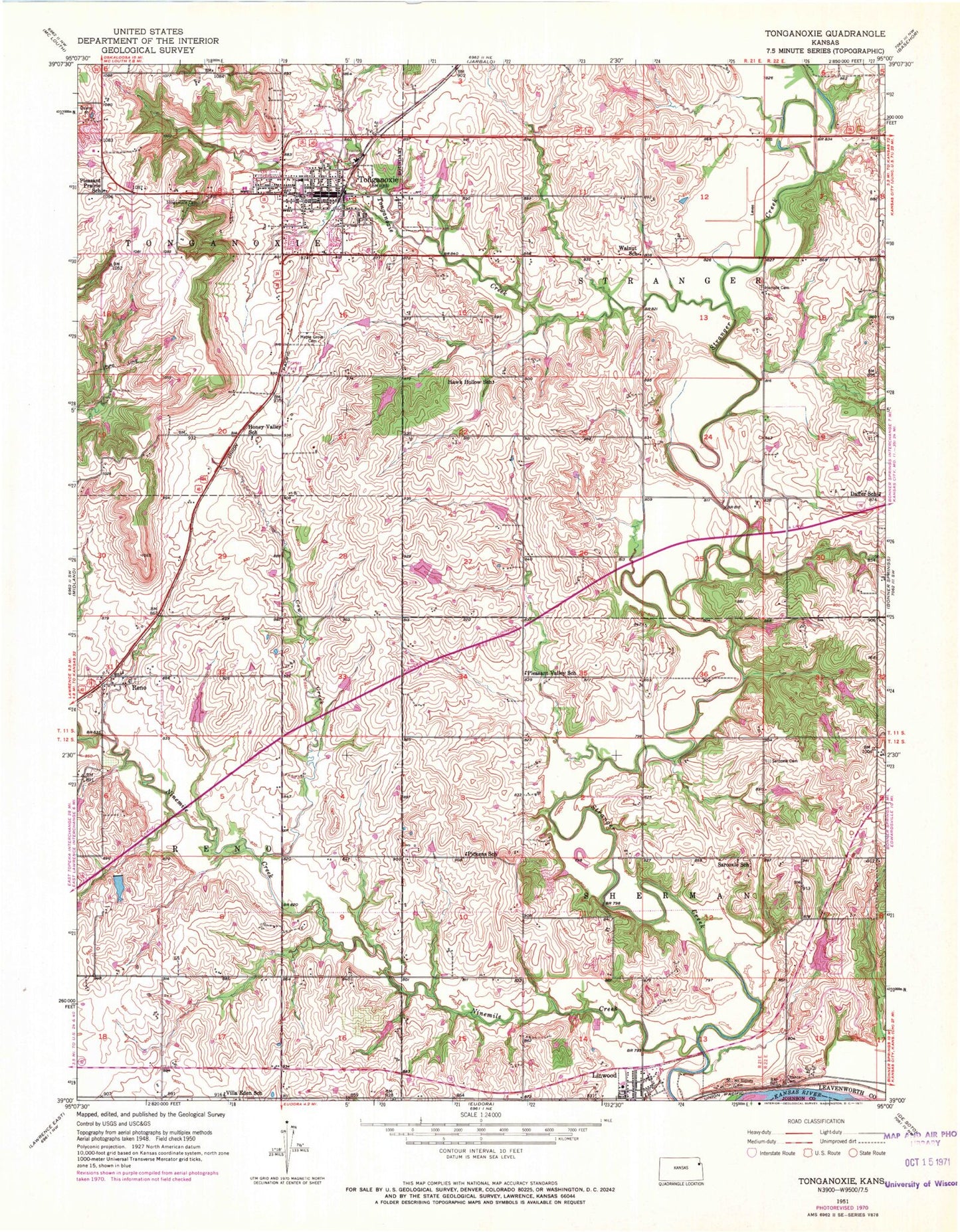 Classic USGS Tonganoxie Kansas 7.5'x7.5' Topo Map Image