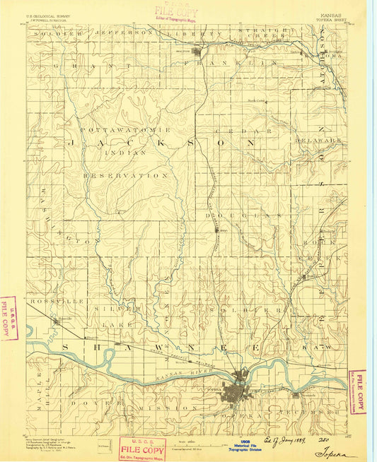 Historic 1889 Topeka Kansas 30'x30' Topo Map Image