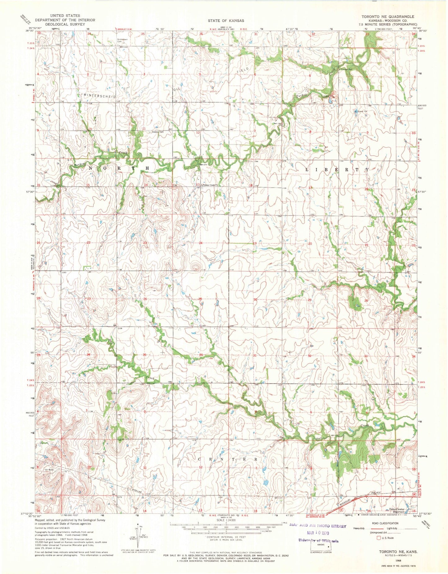 Classic USGS Toronto NE Kansas 7.5'x7.5' Topo Map Image