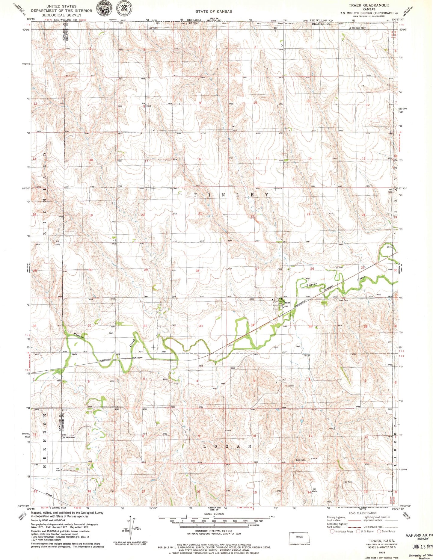 Classic USGS Traer Kansas 7.5'x7.5' Topo Map Image