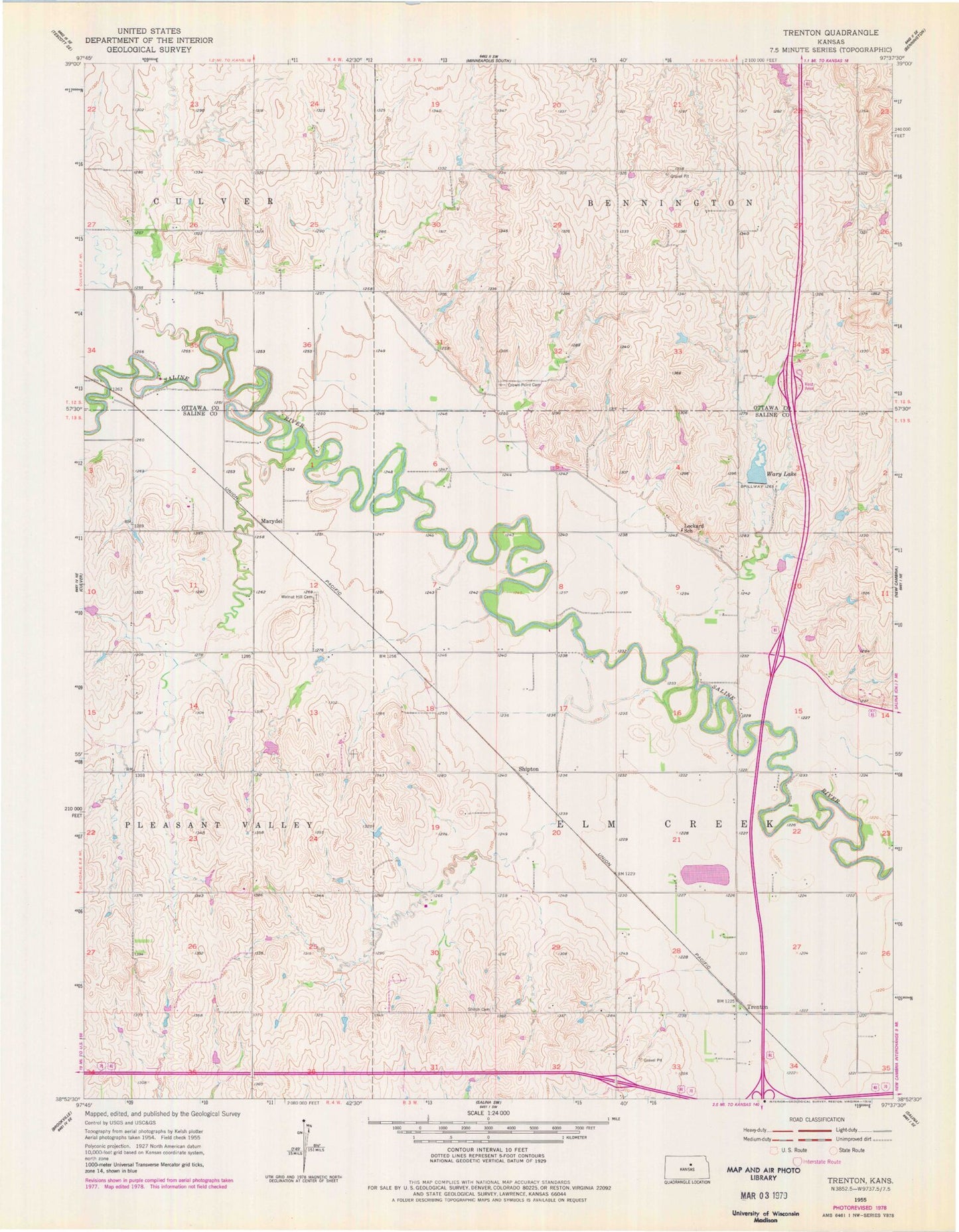 Classic USGS Trenton Kansas 7.5'x7.5' Topo Map Image