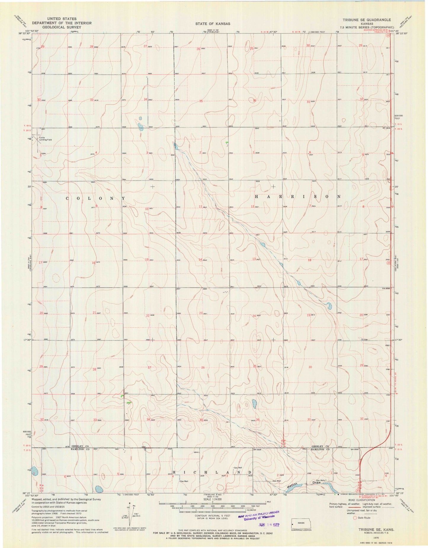 Classic USGS Tribune SE Kansas 7.5'x7.5' Topo Map Image
