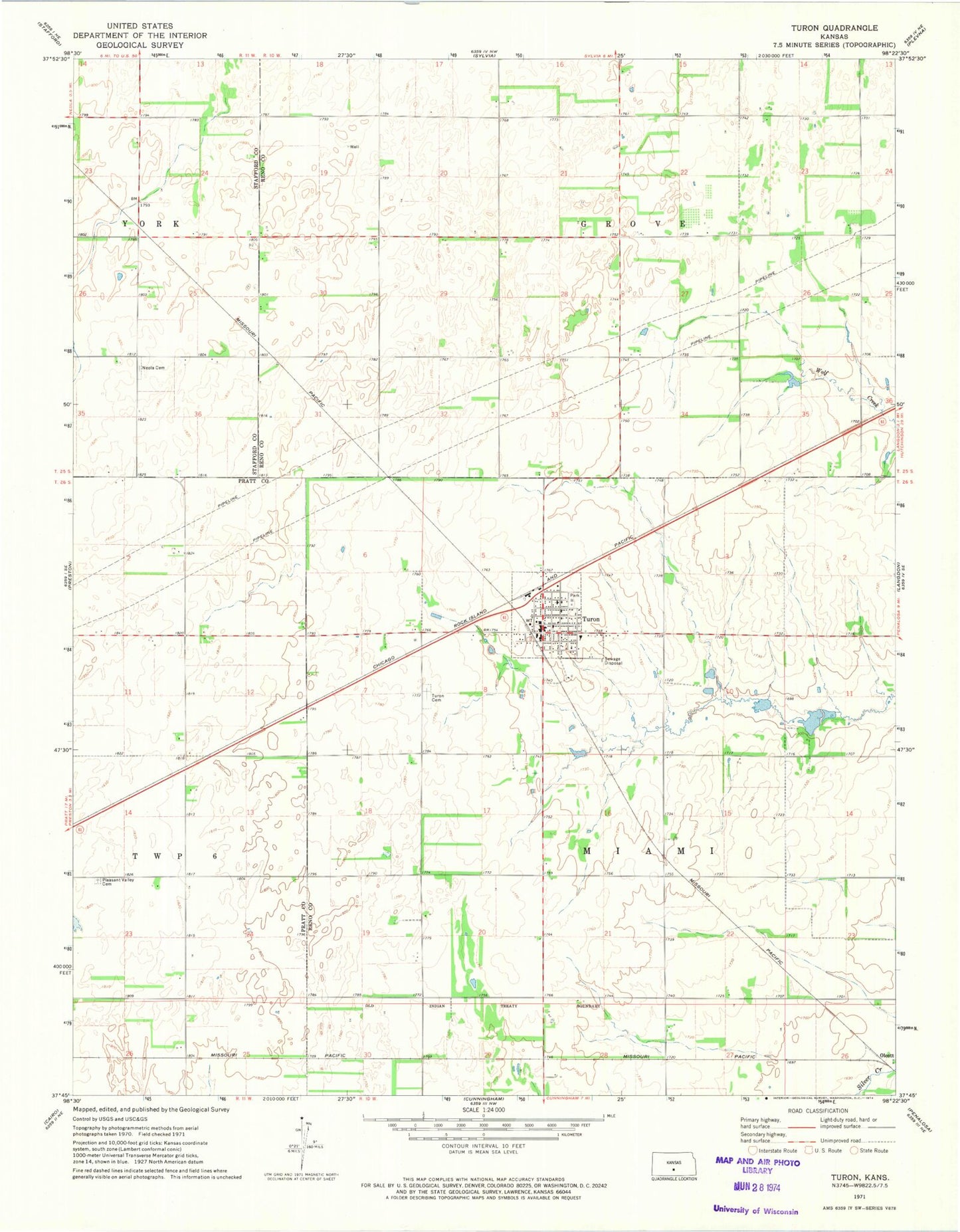 Classic USGS Turon Kansas 7.5'x7.5' Topo Map Image