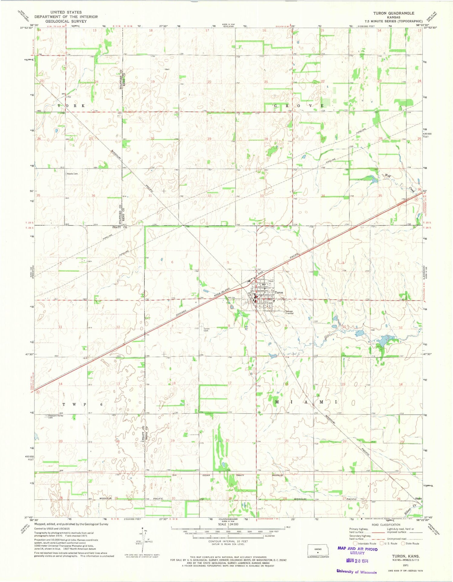 Classic USGS Turon Kansas 7.5'x7.5' Topo Map Image