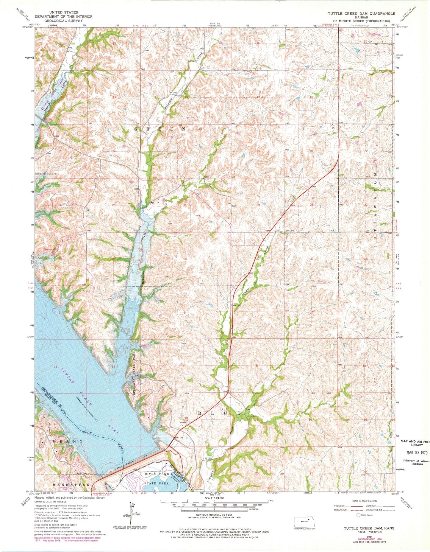 Classic USGS Tuttle Creek Dam Kansas 7.5'x7.5' Topo Map Image