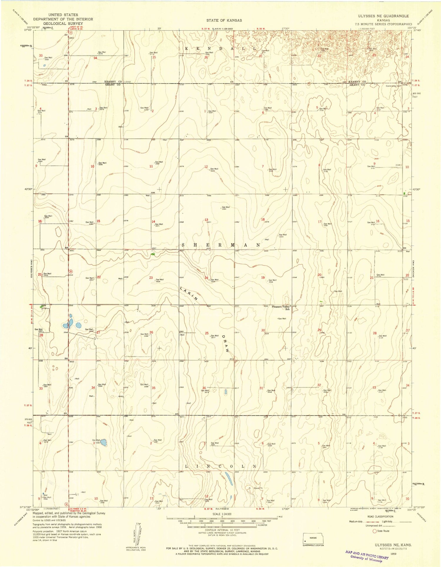 Classic USGS Ulysses NE Kansas 7.5'x7.5' Topo Map Image