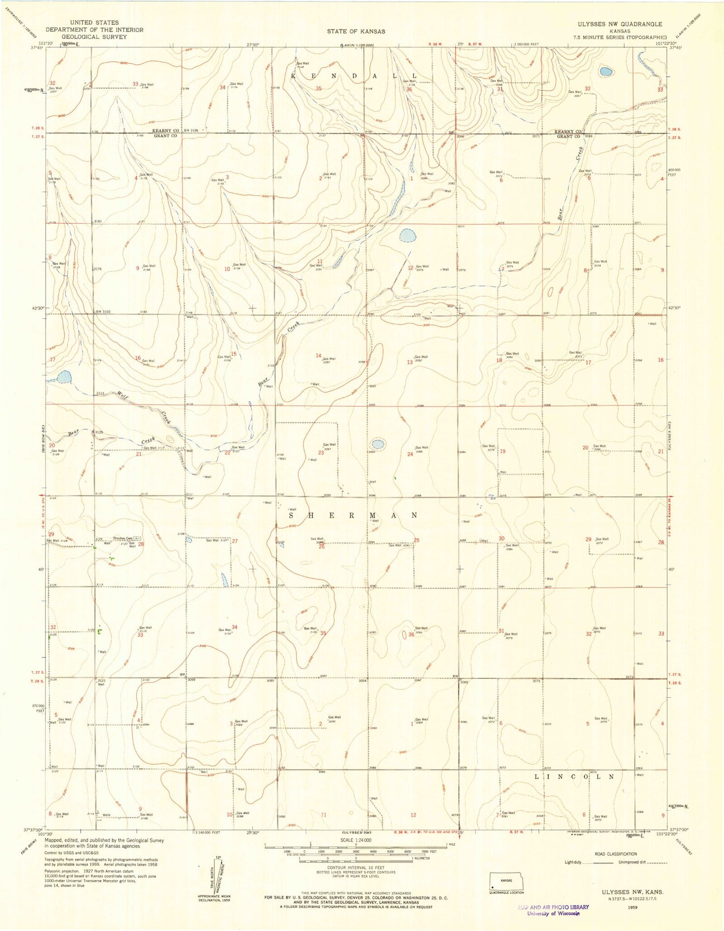 Classic USGS Ulysses NW Kansas 7.5'x7.5' Topo Map Image