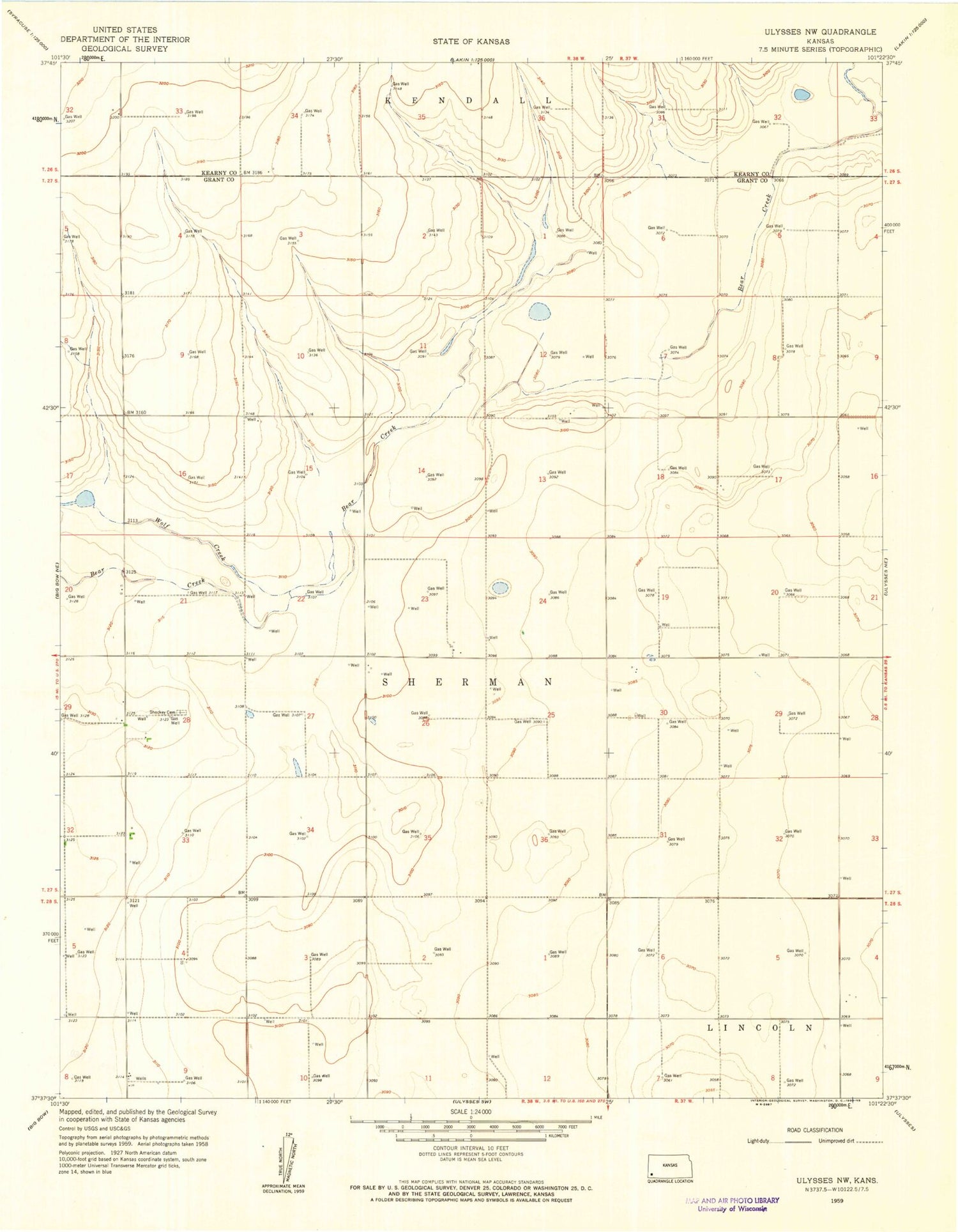 Classic USGS Ulysses NW Kansas 7.5'x7.5' Topo Map Image