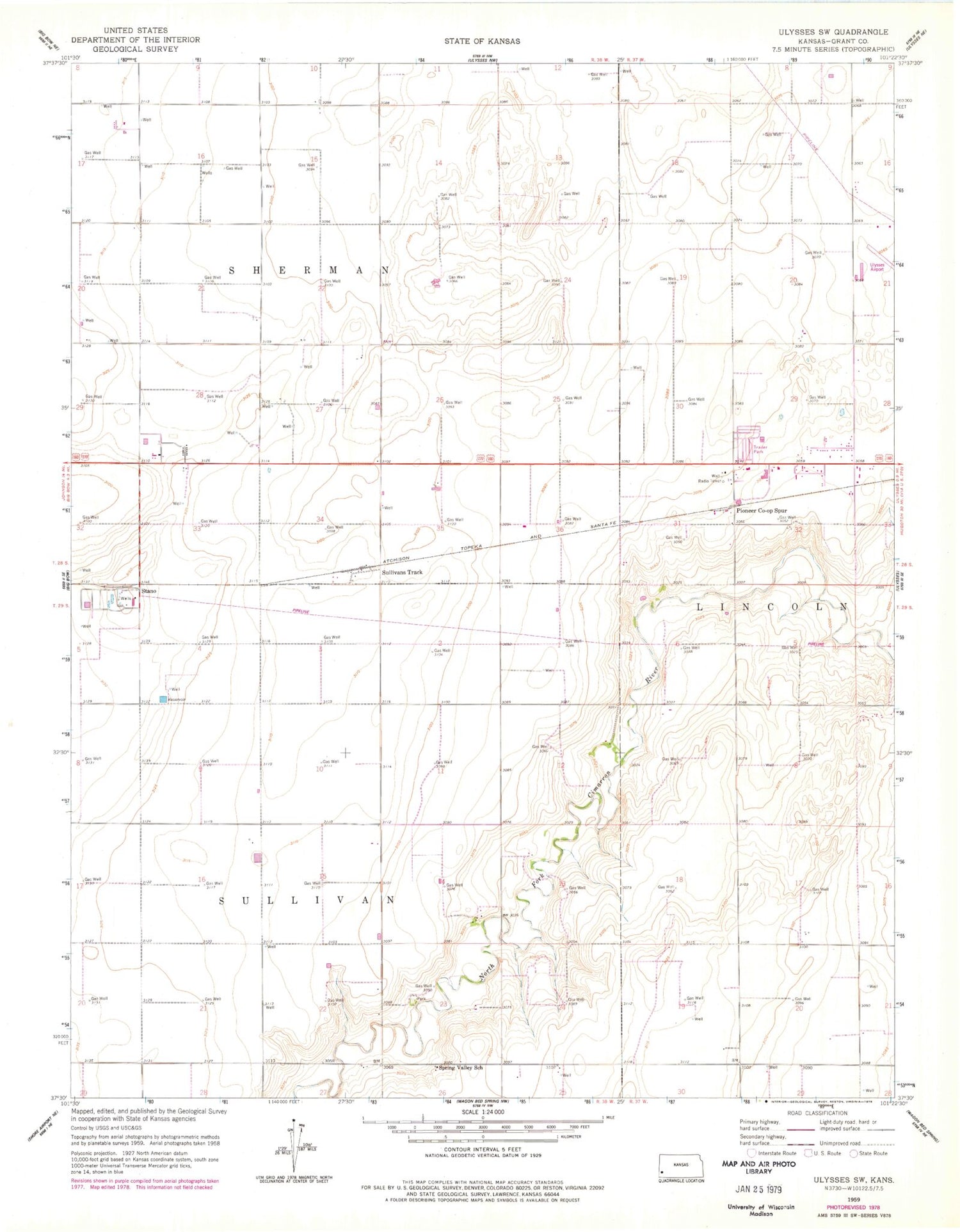 Classic USGS Ulysses SW Kansas 7.5'x7.5' Topo Map Image