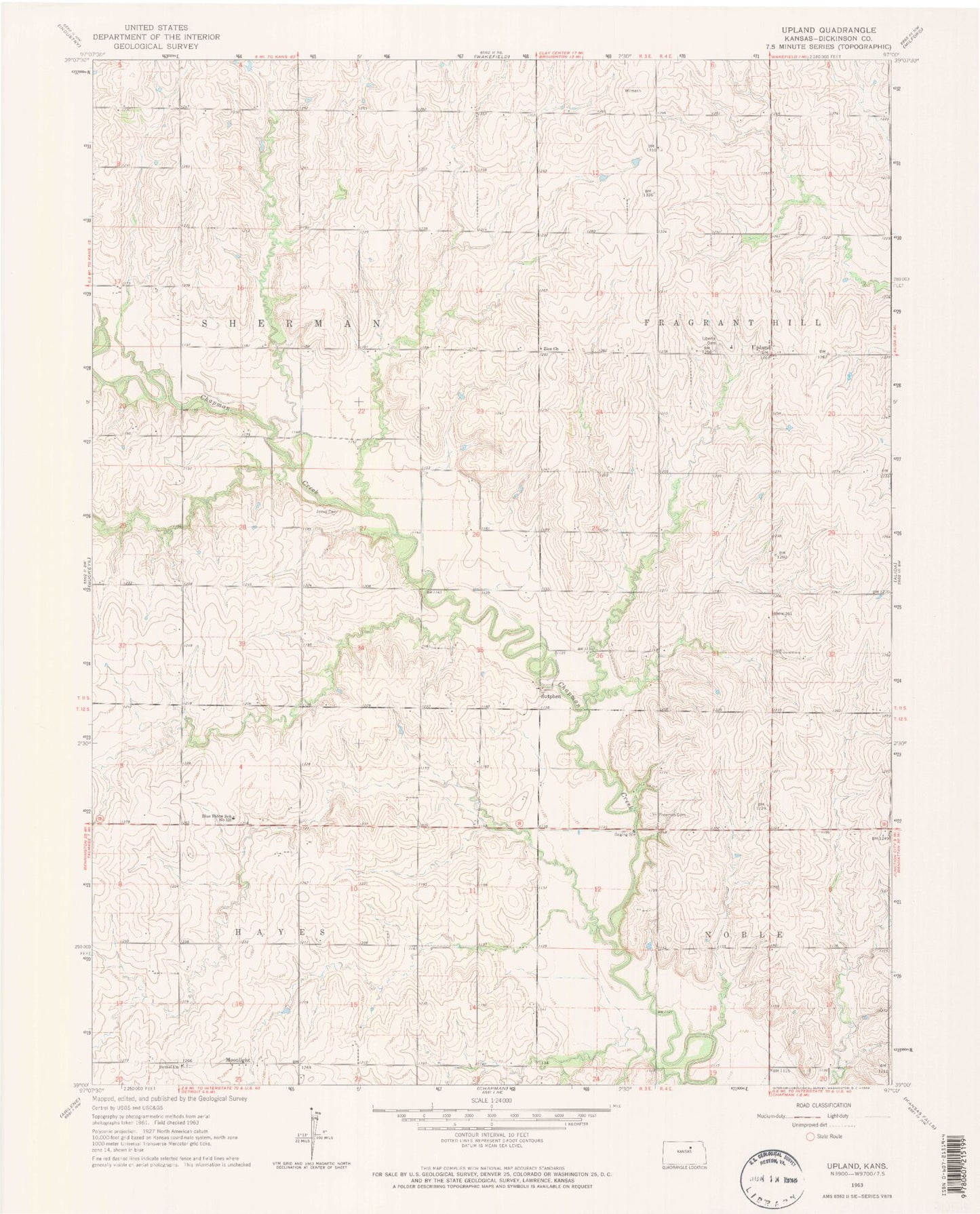 Classic USGS Upland Kansas 7.5'x7.5' Topo Map Image