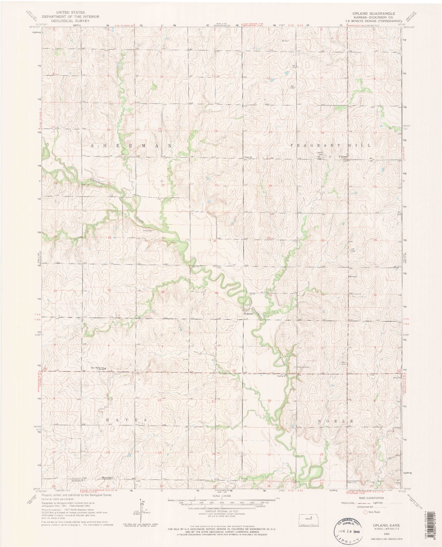 Classic USGS Upland Kansas 7.5'x7.5' Topo Map Image